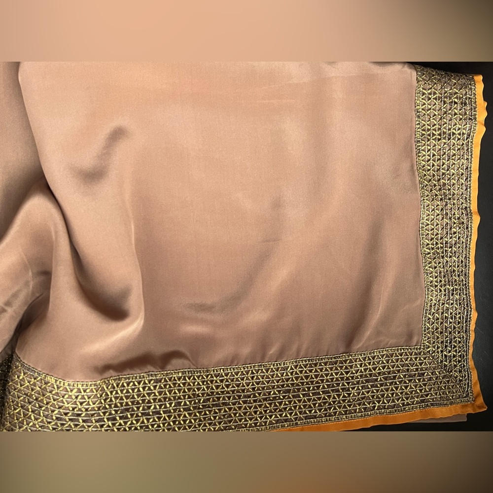 Designer Fabric Saree Crepe 100% silk taupe w orange 🍊 & bronze filigree border